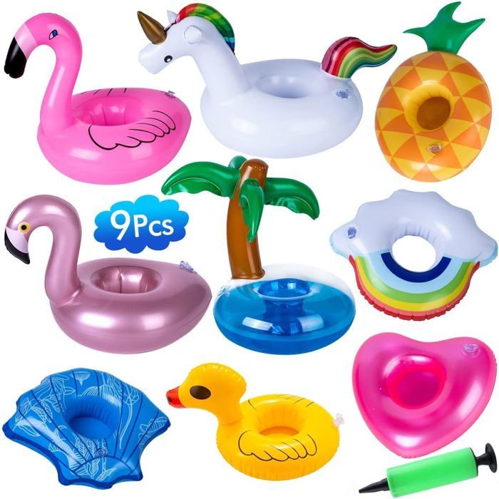 Lot De 9 Porte-Gobelets Gonflables Pour Piscine – Avec Pompe – Styles Fun (Cygne, Licorne, Flamant…)