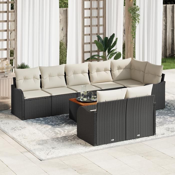 vidaXL Ensemble de Canapés de Jardin 9 Pièces avec Coussins en Rotin Poly Noir Acacia 3356136