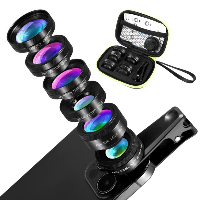 11 En 1 Kit D'objectif Universel Pour Téléphone 205 ° Fisheye 140 ° Super Grand Angle 15X Macro Star CPL ND32 Kaleidoscope 4 Lentille Couleur Pour IPhone Samsung Huawei Et La Plupart