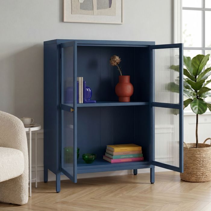 Buffet Säkylä acier verre strié 84 x 64 x 35 cm bleu marine _x000D__x000D_