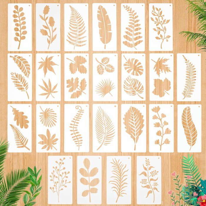 Lot 24 Pochoirs Réutilisables Feuilles – Pochoirs Peinture Murale, Meuble, Tissu – Motifs Végétaux Pour DIY