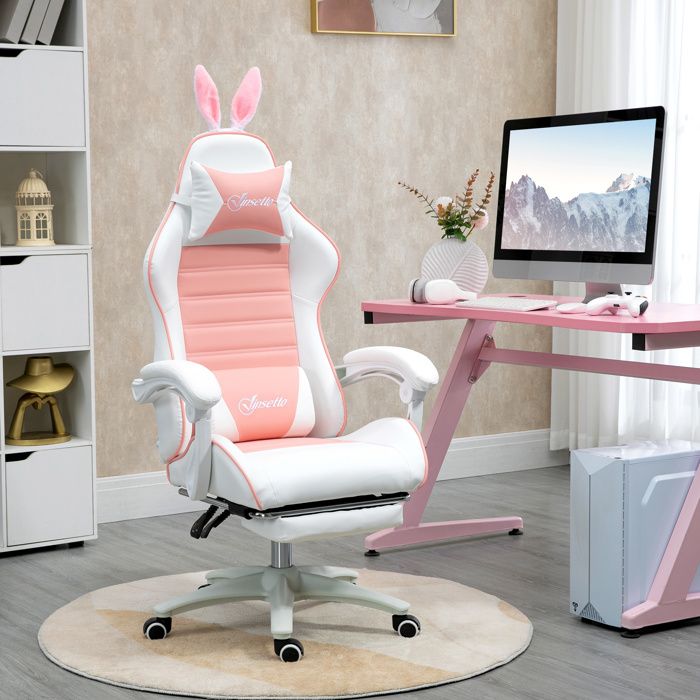 Chaise de gaming avec support lombaire hauteur réglable dossier inclinable oreilles de lapin et appui tête - vue 2