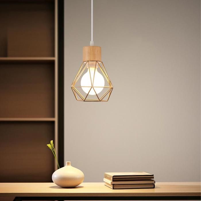 WOTTES Suspension Luminaire Vintage Industrielle Lustre Abat-jour en Métal et Bois Ø16cm Rétro Doré Pour Salon Cuisine (4pcs)