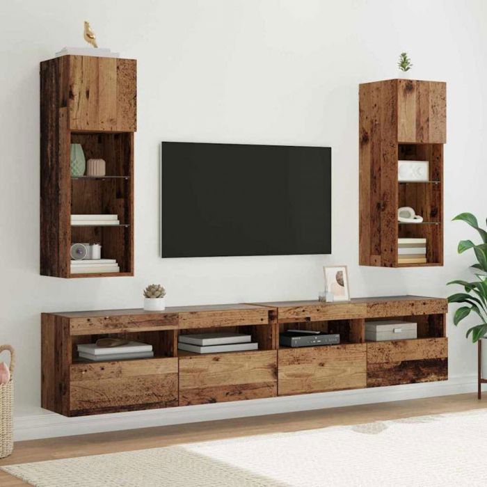 Meuble TV mural complet - VIDAXL - 30 5 x 30 x 90 cm - Bois ancien - Éclairage LED - 2 portes