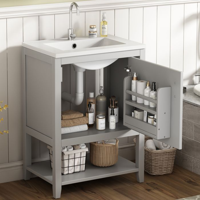 MODENUIT Meuble-lavabo avec vasque simple céramique simple porte étagère rangement en MDF gris 61x47x87cm