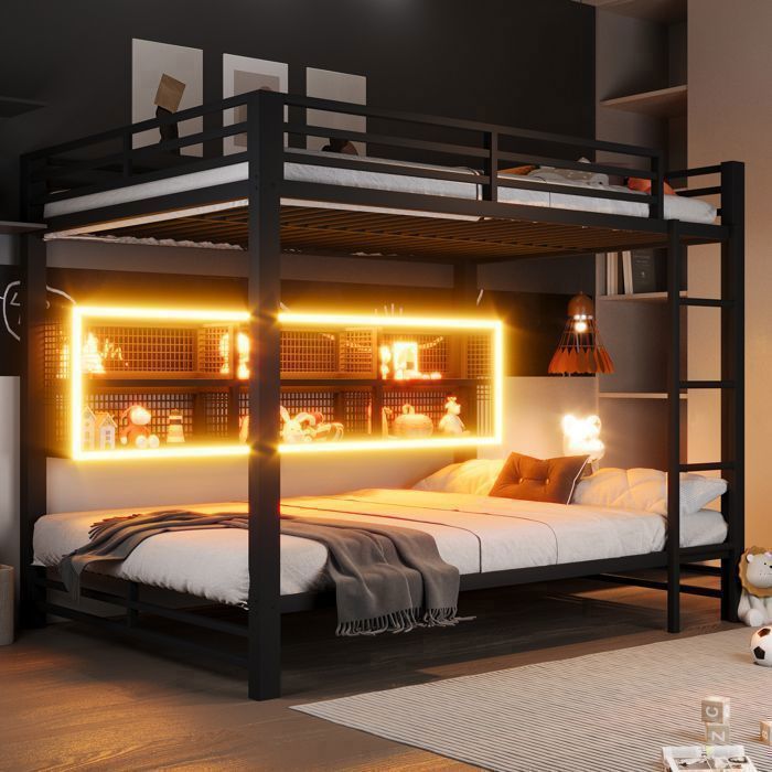 Lit mezzanine 140×200cm lit superposé enfant avec compartiments de rangement équipé de lumières LED multicolores lit double noir