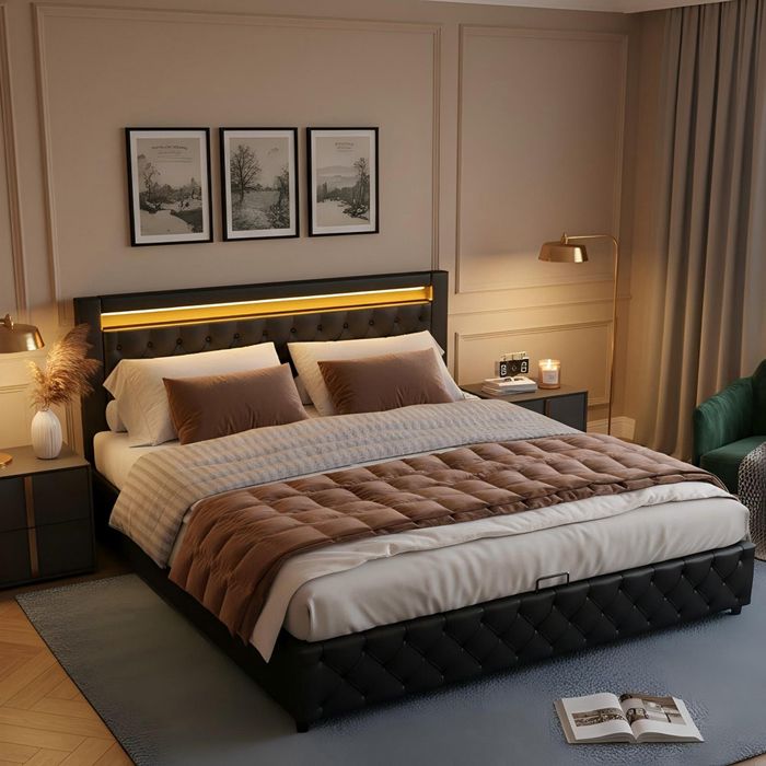Lit adulte rembourré 140x190 cm Lit coffre avec éclairage LED sommier à lattes rangement hydraulique tissu en PU noir