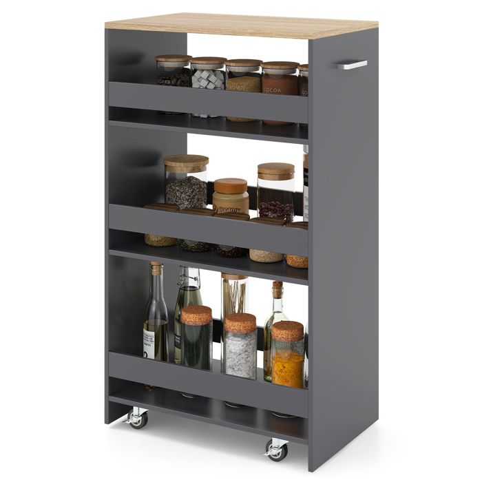 GIANTEX Desserte de Cuisine Étroit à Roulettes avec Freins-Chariot de Service à 4 Niveaux avec Poignée-475x30x805cm-Gris + Naturel