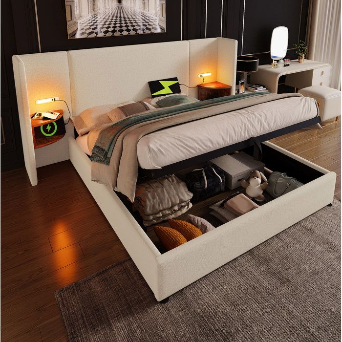 MEUBLIV Lit coffre capitonné 160x200cm avec table de chevet lampe de lecture et USB Type-C lin beige sans matelas