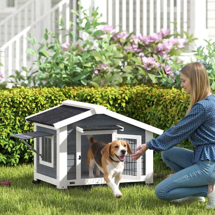 Niche pour Chien Extérieur Abri Jardin Surélevé Plancher Amovible Auvent de Porte et Toit Imperméable 98x76x695cm Gris