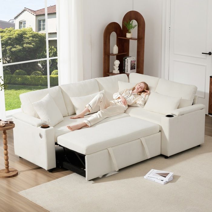 Canapé dangle 4 places Canapé convertible Canapé-lit en chenille avec rangements porte-gobelets ports USB 4 coussins - beige