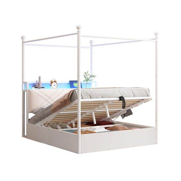 Lit Double Blanc Fer Forgé 140x190cm baldaquin Amovible LED USB-C rangement Hydraulique Sous Lit Adulte Enfant Sans Matelas