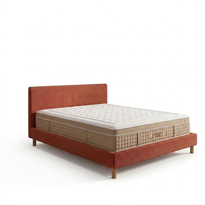 Ensemble lit - SAMPUR - TerraCotta - 160x200 - Velours côtelé - Matelas hôtelier 33 cm
