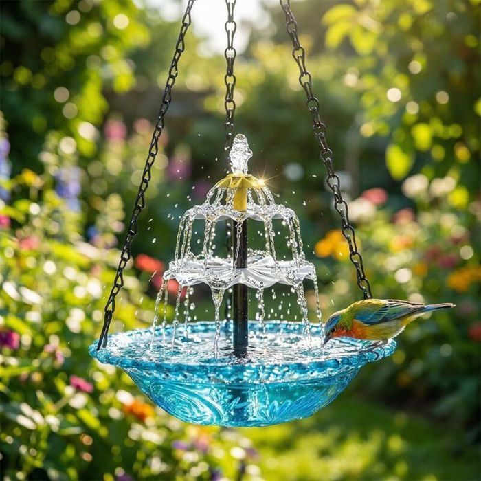Fontaine solaire pour oiseaux abreuvoir suspendu avec cascade pompe solaire attire colibris bleu pour jardin