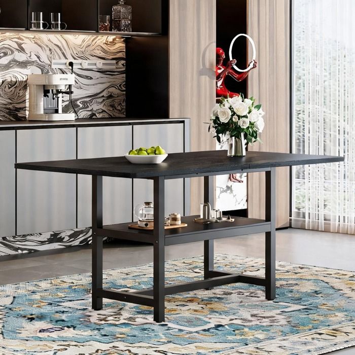 Table à manger industrielle noire 160x90 cm avec étagère intégrée pour 4-6 personnes MDF et métal