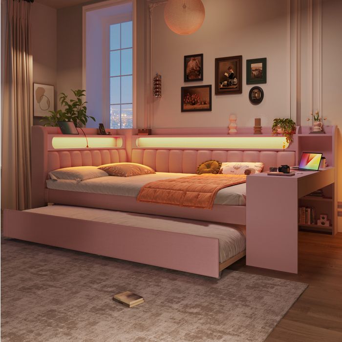 HOMVRA Lit combiné rembourré 140x200 cm avec lit gigogne 90x190 cm bureau étagères USB et LED rose