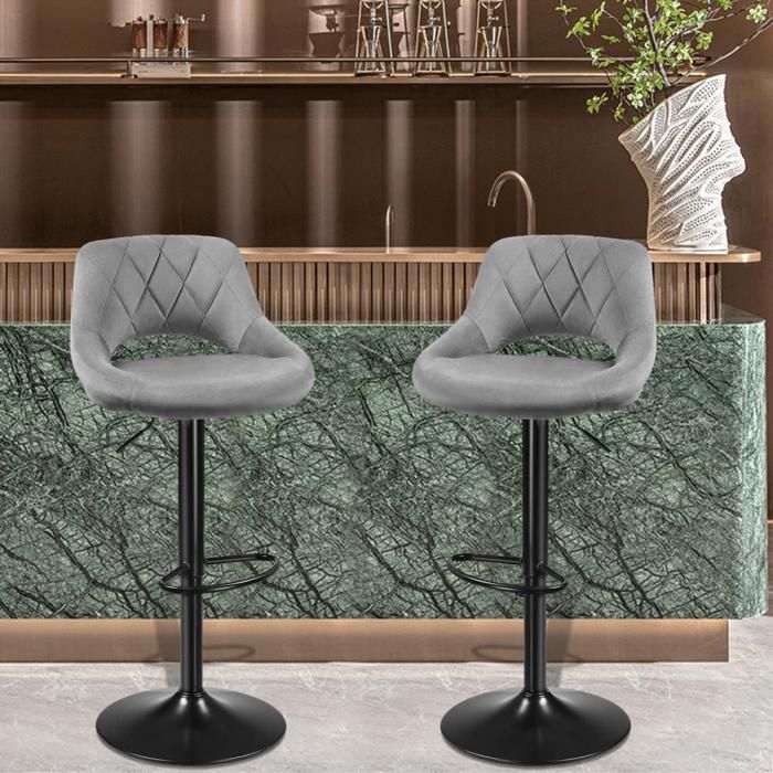 OHMG-Lot De 2 Chaises De Bar Cuillère-Dos Creux-Flanelle-Pieds-Soulevabl-Pieds De Chaise En Acier Inoxydable-Gris Clair