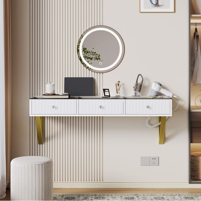 Coiffeuse murale blanche 120 cm avec 3 tiroirs plateau en verre support tablette et porte-gobelet