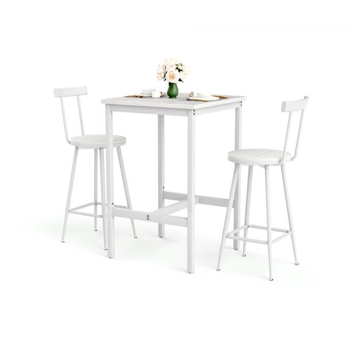 Ensemble table de bar blanche 60 x 60 x 92 cm avec 2 chaises hautes à dossier acier et panneau mélaminé