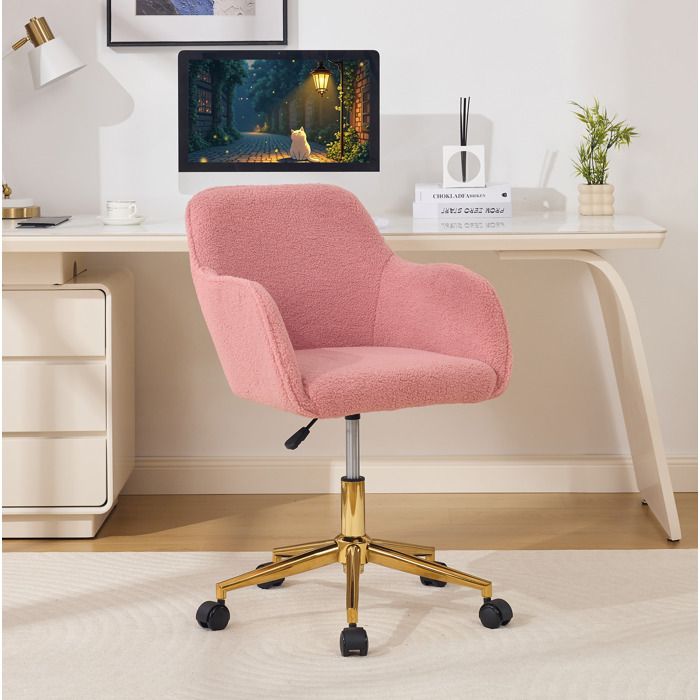 ROVRYN Chaise de bureau rose en tissu bouclette Teddy hauteur reglable 9 cm pivotante 360° base doree
