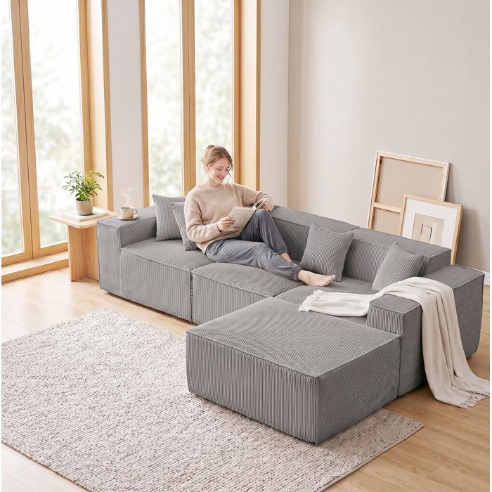 ROVRYN Canapé dangle modulable convertible 3 places 277 cm velours côtelé gris assise profonde