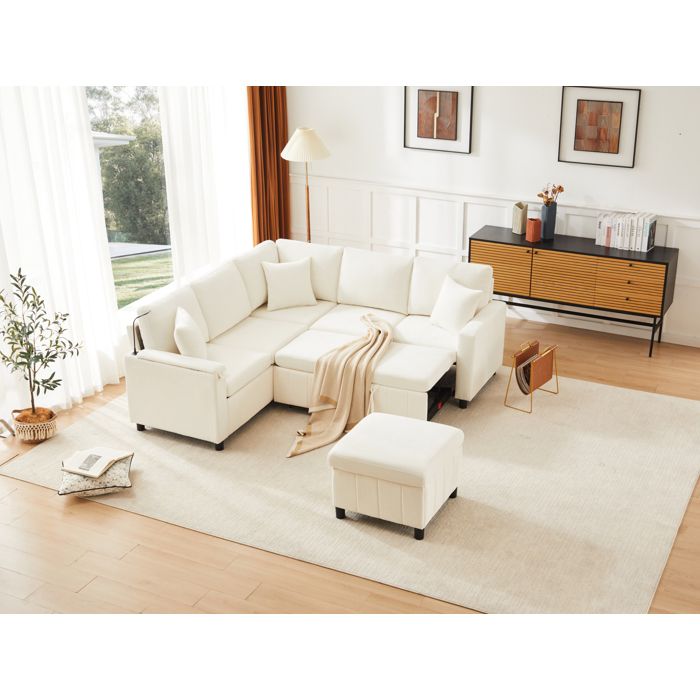 Canapé d’angle convertible en chenille beige 205 x 205 x 85 cm avec pouf rangement lampe USB et Type-C