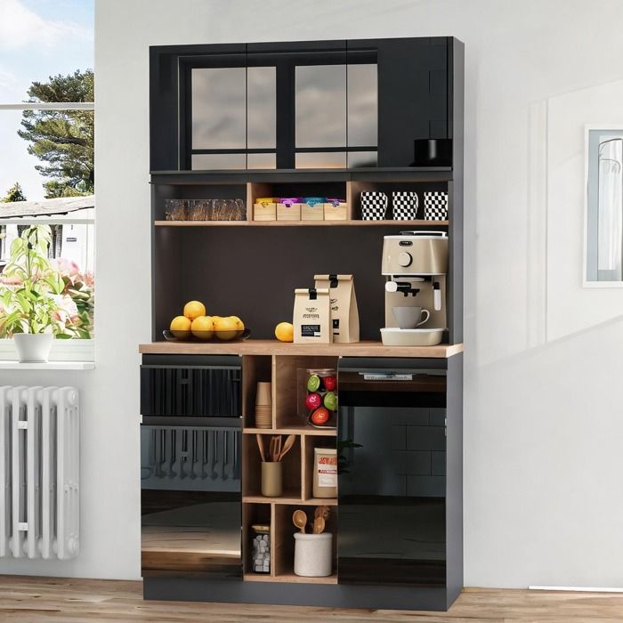 Buffet haut pour salon et chambre MDF noir profond et aspect bois 105x45x185 cm - Black+Natural MDF 105.0 x 45.0 x 185.0 cm Ref