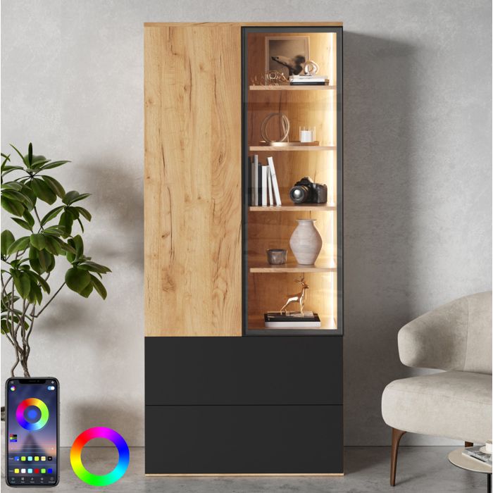 Vitrine En Verre Et Bois Noir Meuble Vitrine Moderne FloraGrace Pour Salon Et Salle A Manger Avec LED Reglable 70x35x160cm