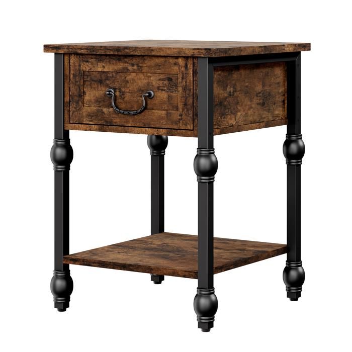 Table dappoint industrielle tiroir bout canapé chevet carrée étagère 2 niveaux MDF métal gain de place rétro vintage