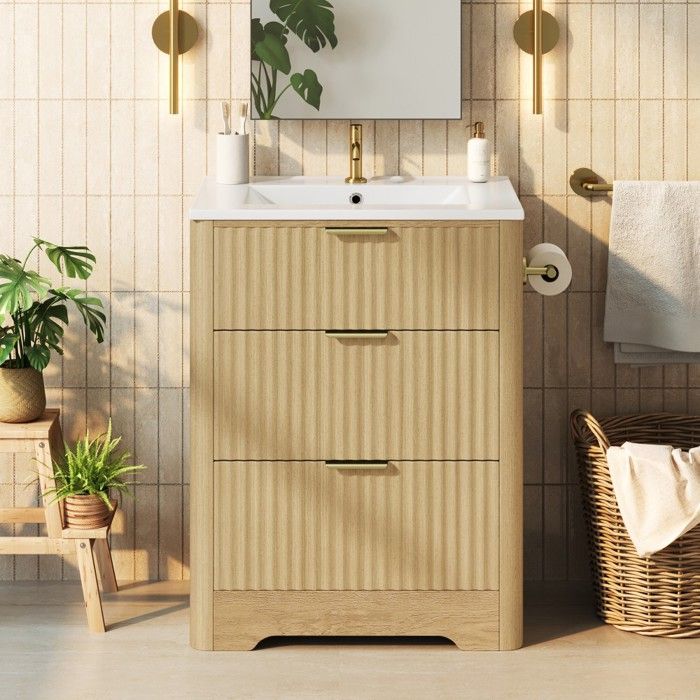 Meuble vasque sur‑pied 61x47x82cm aspect‑bois vasque céramique tiroirs poignées dorées sans robinetterie