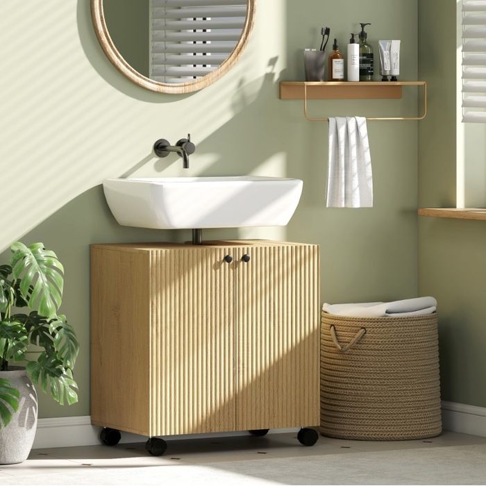 Meuble sous vasque bois naturel 60 x 39 8 x 62 cm 2 portes sur roulettes étagère réglable fermeture douce