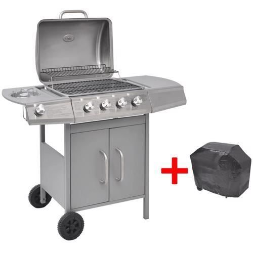 barbecue à gaz 4 brûleurs + 1 latéral zone de cuisson -  desserte a roulettes  - 104 x 55,4 x 97,7 cm argenté