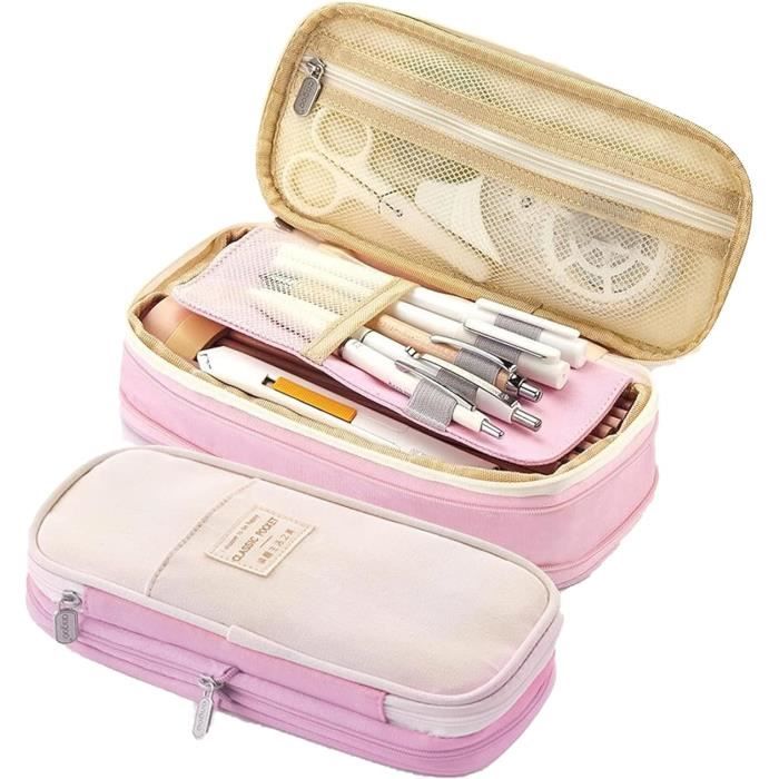 Trousse Scolaire Fille KASESSS - 4 Compartiments, Patchs Décoratifs, Grande Capacité (21x11.5x6cm)