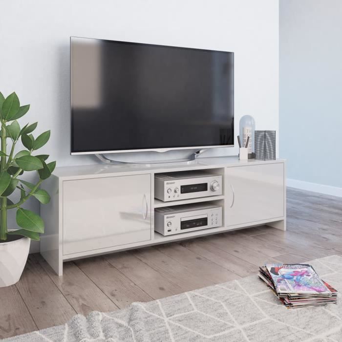 Meuble Tv Blanc Brillant 120 X 30 X 37 5 Cm Agglomere Poids 18 5 Cdiscount Maison