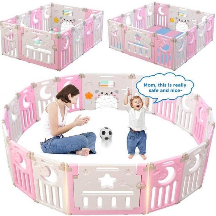 Parc Bébé Barrière Sécurité Plastique Pilable Enfant Protection 12 + 2 Panneaux d’Activité Porte Rose et Blanc