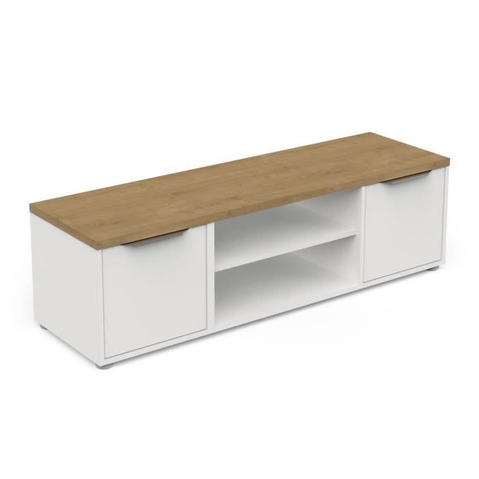 Banc TV ACCESS - 2 Portes + 1 Niche - Décor chêne Hamilton et blanc - L 134,8 x P 39,6 x H 39,1 cm -