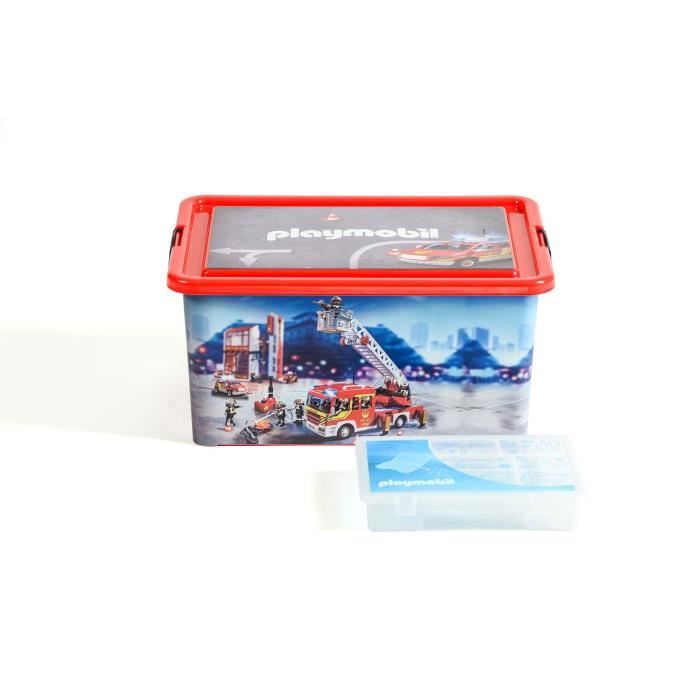 PLAYMOBIL Boîte de Rangement Pompiers - 23 L + Petite Boîte Compartimentée  - Rouge - Cdiscount Maison