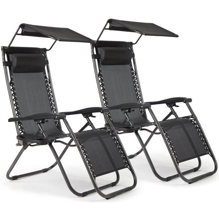 Lot de 2 chaises longues en métal Zero Gravity avec pare-soleil et porte-gobelets chaise de plage inclinable modèles 2020 de qualité supérieure Noir 