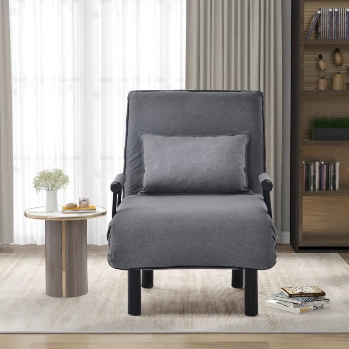 Fauteuil chauffeuse canapé-lit convertible 1 place déhoussable grand confort coussin pieds accoudoirs métal suède gris