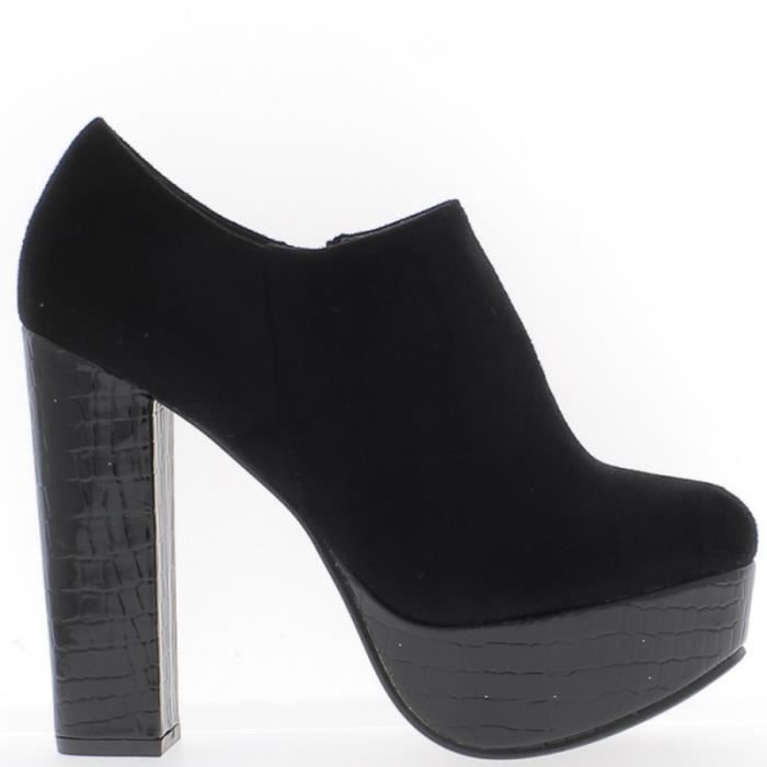 Low boots noires à talon épais de 12,5cm bi matière Noir - Cdiscount