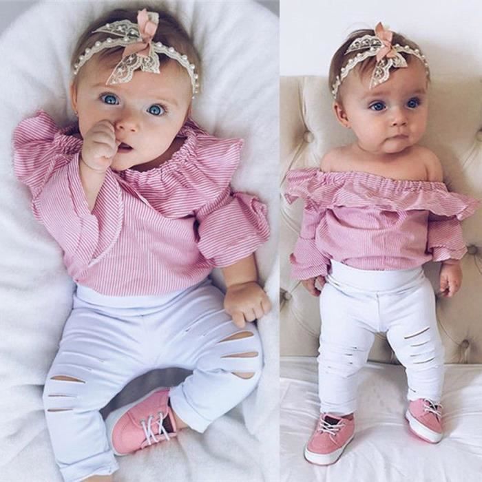 Tout Petit Bebe Bebe Raye Hauts Romper Pantalons Ripped Tenues Vetements Set Rose Rose Rose Cdiscount Pret A Porter
