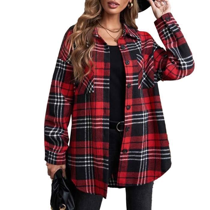 Manteau a Carreaux pour Femmes Chemise Longue Veste de Bucheron Decontractee Col Rabattu Chemise Boutonnee Black red Cdiscount Pret a Porter