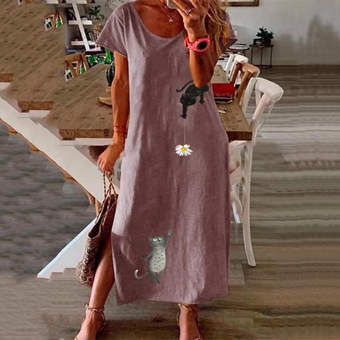 Mode femme grande taille col rond en coton et lin imprime chat robe longue fourche ouverte XXXXL Violet Violet Cdiscount Pret a Porter