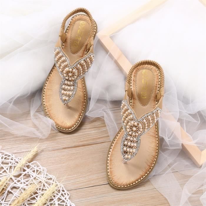 Femme String Perles Strass Plateforme Haut Compensé Sandales Chaussons Chaussures 