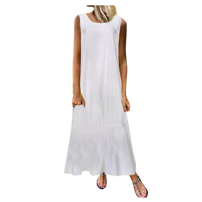 Robe Longue D?�contract?�e En Coton Sans Manches ?? Col Rond Et Couleur Unie Pour Femmes Blanc 