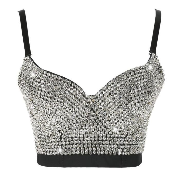Gilet Les femmes Corset Strass Top Bustier Sexy Argent Paillettes