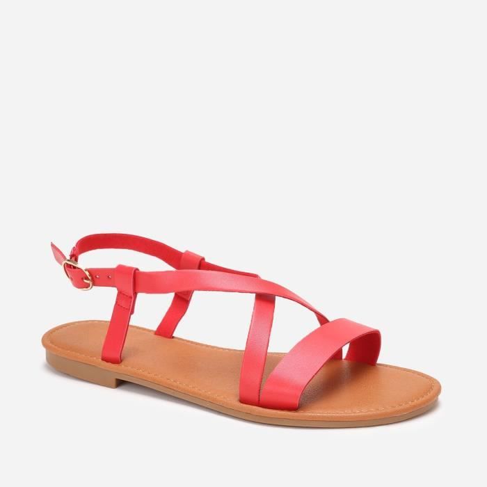 Sandales plates rouges LA MODEUSE Femme Bout rond ouvert Boucle de serrage Rouge Cdiscount Chaussures