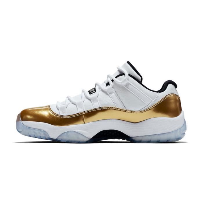 Baskets Air Jordan 11 Low Gold Medal Homme Chaussures Entraînement de Sport Blanc Or