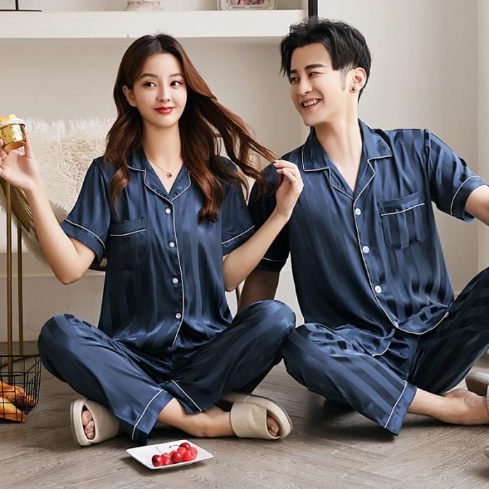 Pyjama 2 pieces pyjama ensemble Manches courtes pantalon pantalon pyjama printemps ete hommes et femmes Pyjama Couple Homme Bleu Cdiscount Pret a Porter
