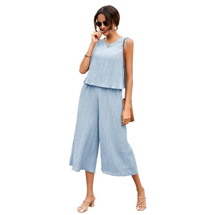 Combinaison Femme Mode Col rond Sans manche Pantacourt Taille elastiquee Casual Couleur unie Bleu Cdiscount Pret a Porter
